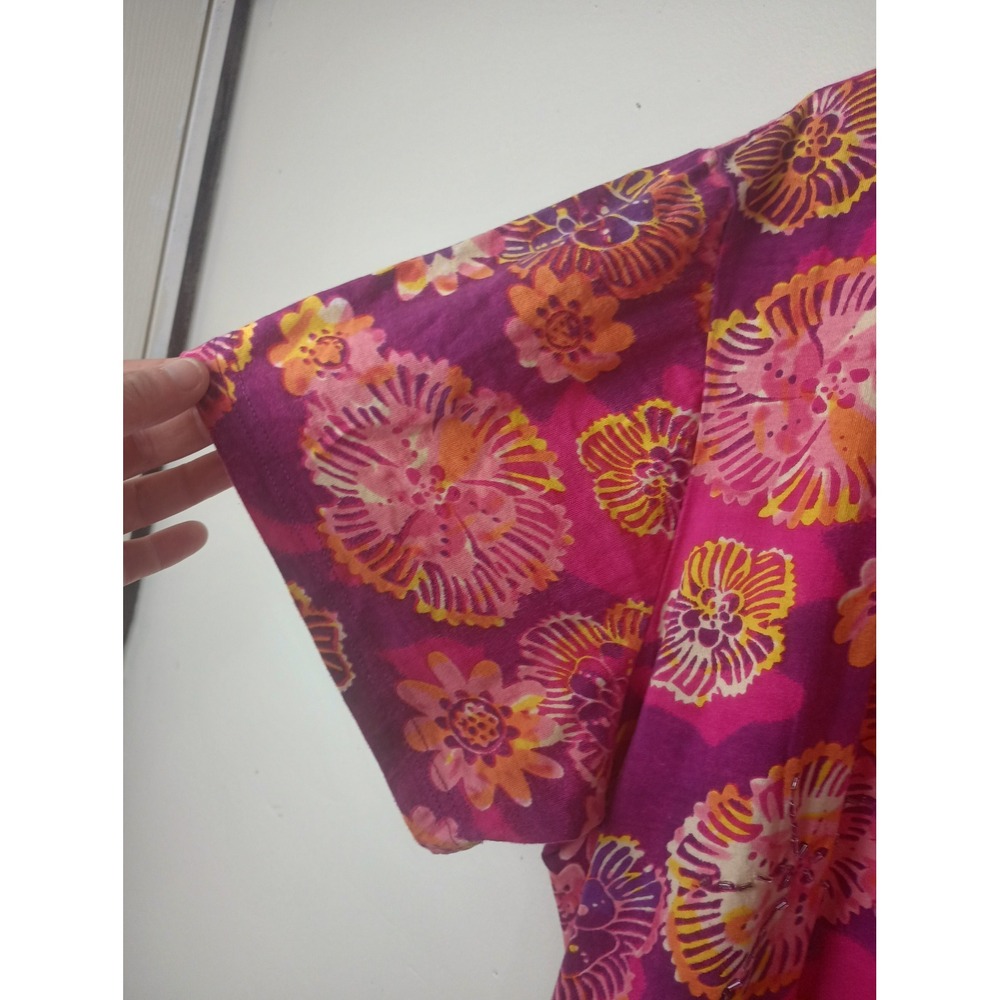 Coral Bay Women XL Pink Purple Floral Beaded Keyhole Cotton Short Sleeve Top - Picture 4 of 6
